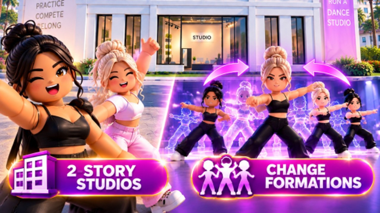 Run a Dance Studio dancers posing in front of a two-story Roblox studio with formation change artwork