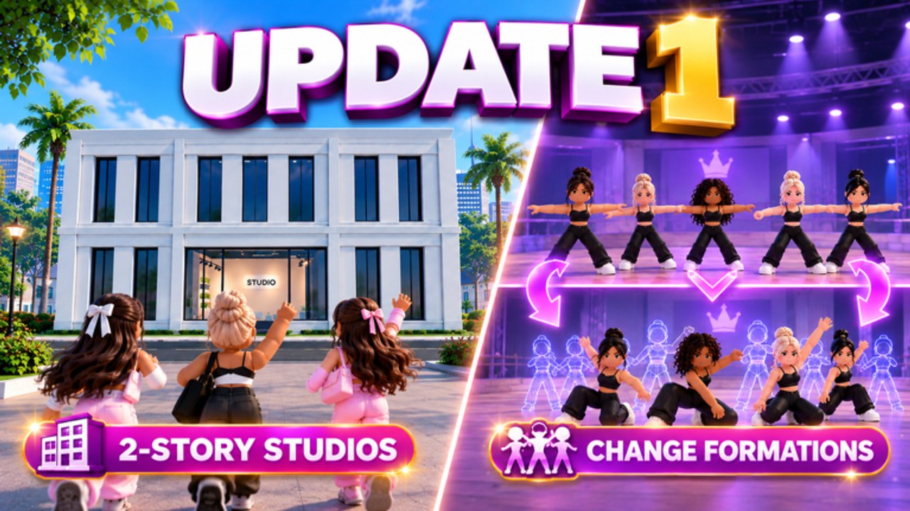 Official Run a Dance Studio artwork showing a two-story studio exterior and a stage formation change